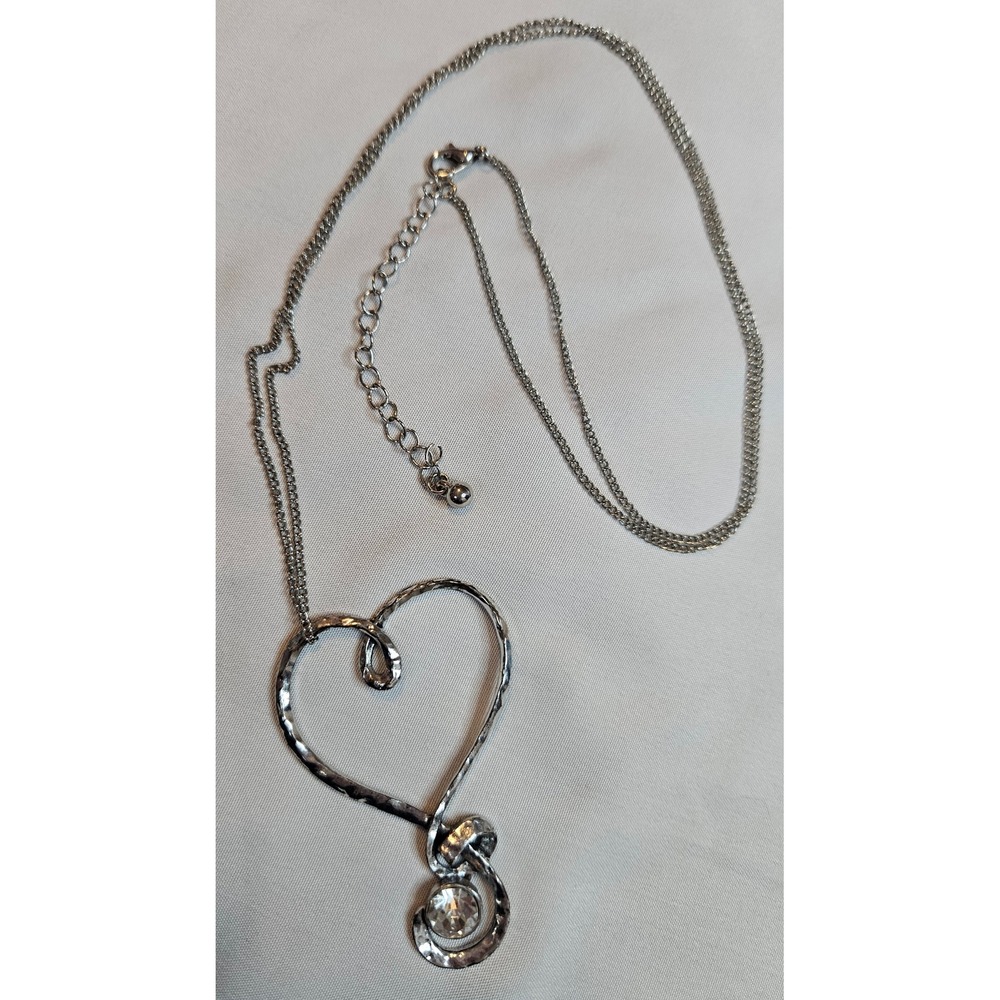 Silver Tone Textured Hammered Open Heart Pendant Necklace with Rhinestone Accent